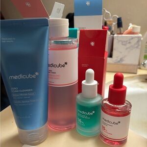 Medicube foaming cleanser, toner, and serums